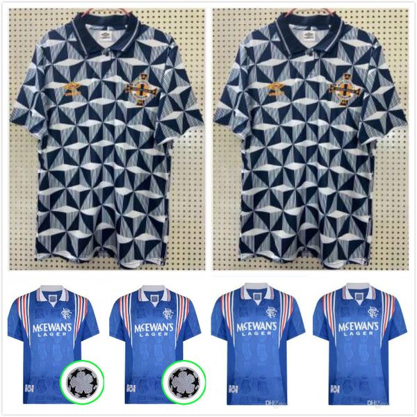 

1996 97 Глазго Рейнджерс ретро футбол Джерси 90 93 Северная Ирландия дом синий # 8 Гаскойна # 11 Лаудруп # 9 Маккойста # 3 футбольных рубашка Albertz