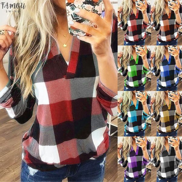 

new ladies comfortable wild casual commuter rolled up long sleeved v neck stitching plaid shirt slim shirt long blouse women 02*, White