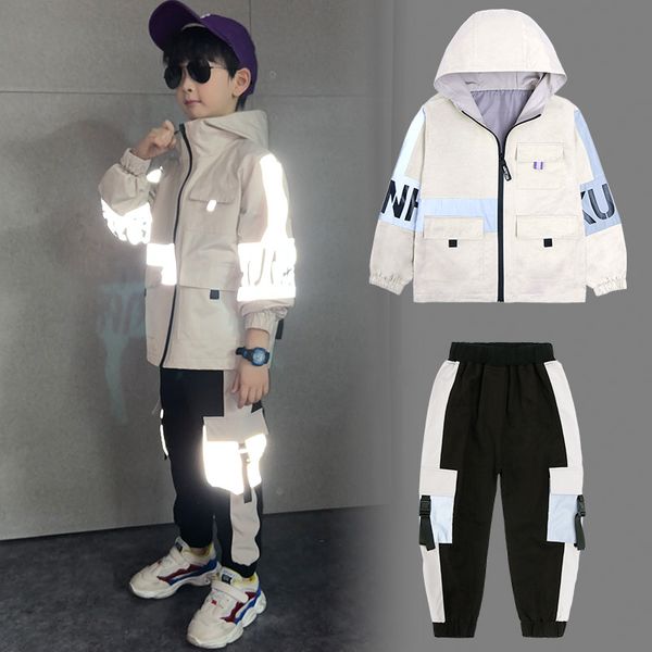 

clothing sets children sport suit fall boys hoodies coat reflective silver jacket long sleeve outerwear polyester breathable boy windbreaker, White