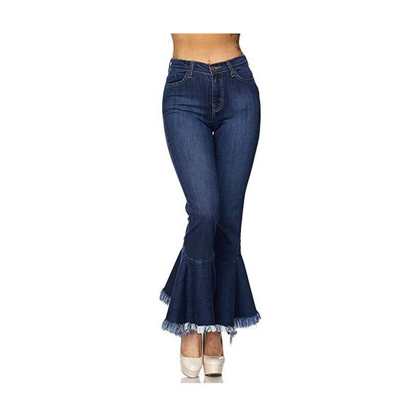 

women hight waisted wide leg denim jeans stretch slim pants length jeans tassels pants ninth flare blue trousers