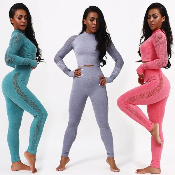 

women vital seamless yoga set fitness energy leggings+crop sport suit women hollow out long sleeve tracksuit active wear, White;red
