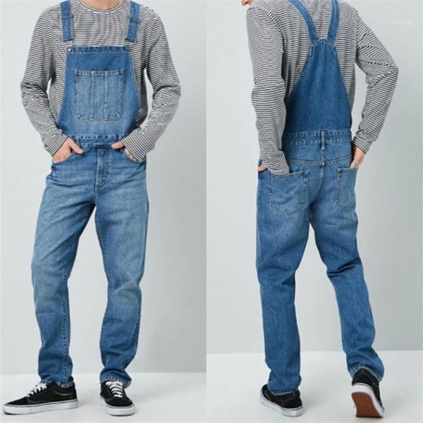 

pockets mens designer overalls jeans casual mid waist street style jean pants straight loose jeans with, Blue