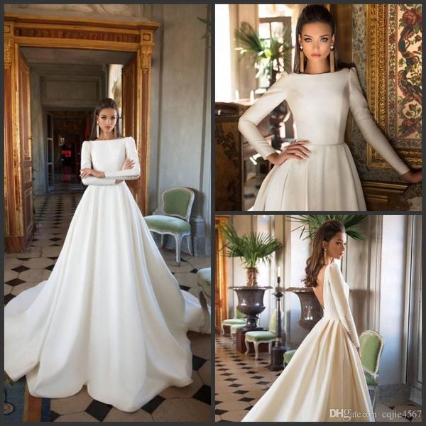 

2018 new milla nova wedding dresses a line satin backless sweep train long sleeve wedding gowns bateau neck winter bridal dress plus size, White