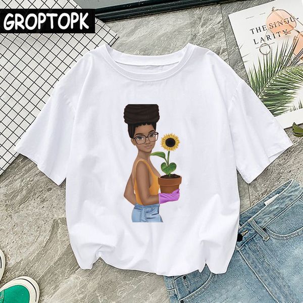 

cool black girl magic with sunflower female t-shirt kawaii harajuku summer cotton t-shirts women t shirts tee shirt femme, White