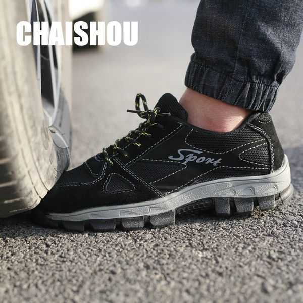 

chaishou man shoes boots men steel toe anti-smashing anti-piercing safety work shoes breathable hiking sneaker footwear cs-220, Black