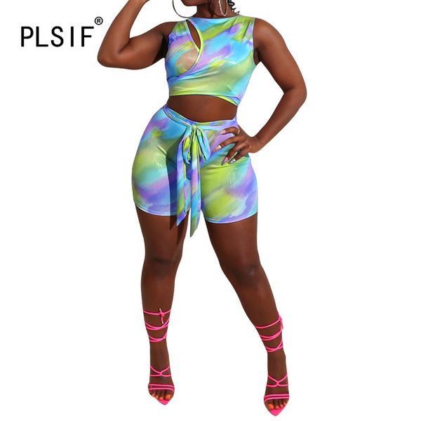 

summer tie dye print lady suit hollow out design crop and skinny shorts 2 piece set beach sports set, White