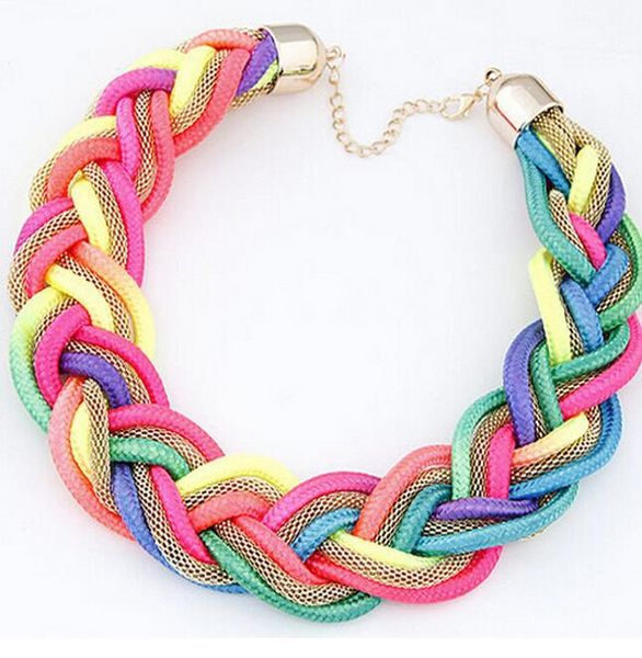 

хлопок ожерелье неон shourouk коренастый колье заявление ожерелье женщины ткать металлическая цепь плетеный короткое ожерелье collier femme, Silver