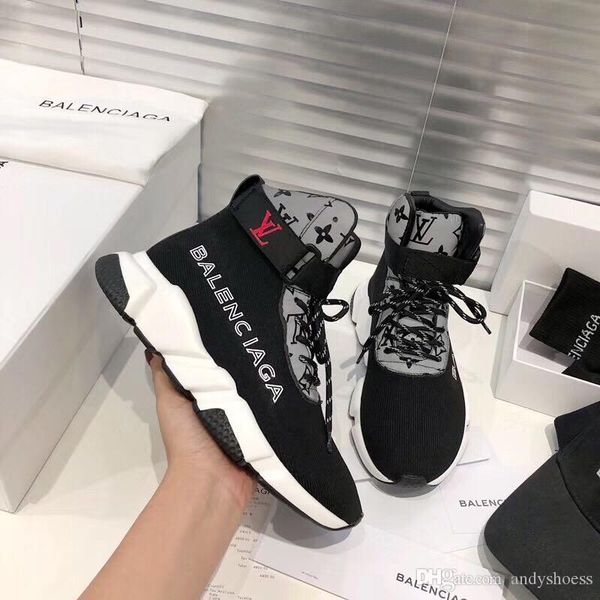 

luxury women and men lace up sock shoes paris original knit sock boots with strap and high shoes for casual couples, Black