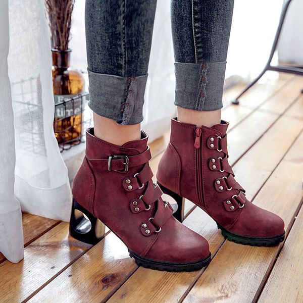 

boots women shoes women fashion high heel lace up ankle boots ladies buckle platform artificial leather shoes bota feminina#j30, Black