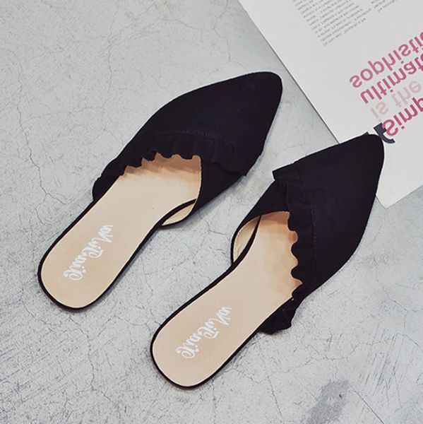

women mules slippers 2019 new pointed toe glitter low heel shoes woman soft leather bowknot flip flops female casual loafers, Black