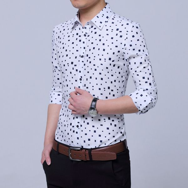 

men's printed shirts fashion long sleeve business formal shirts male slim fit casual dress shirt, White;black
