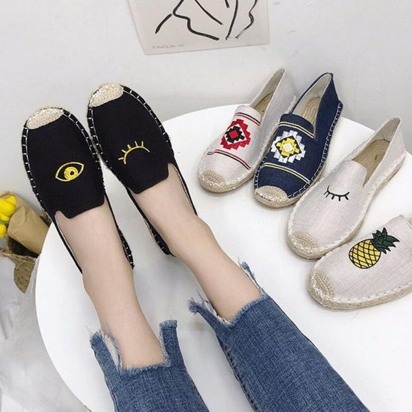 

eye and eyelash embroider espadrilles shoes women cartoon pineapple flats designer rope loafers ladies creepers flat shoes s280, Black