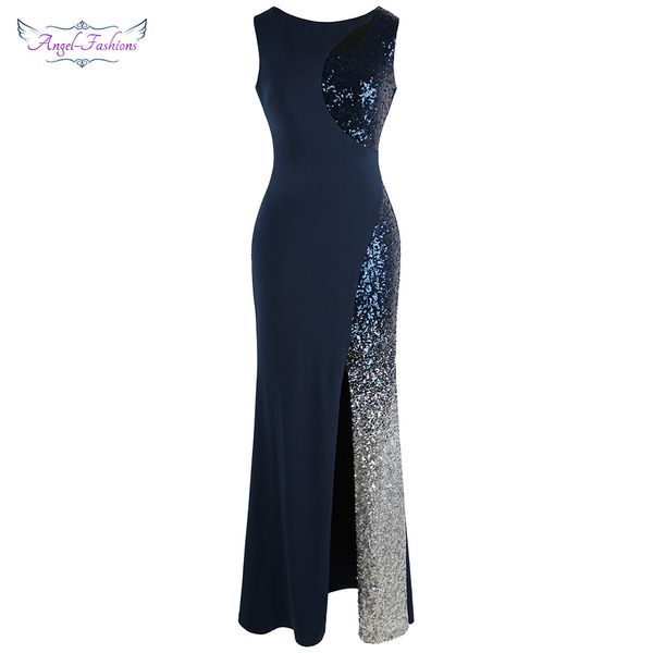 

angel-fashions women's splicing gradient sequin cut out slit sheer long mermaid evening dress blue j-190716-s, White;black