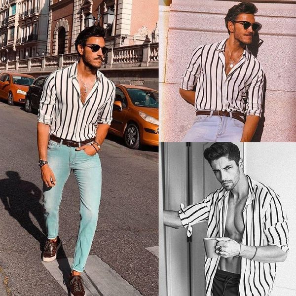 

eba stripe long sleeve button lapel man leisure time shirt 012, White;black