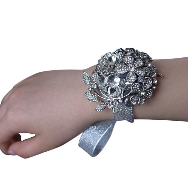

creative bridesmaid hand flowers artificial bride flowers wedding doration bracelet rhinestone crystal wrist flower bracelet, Black