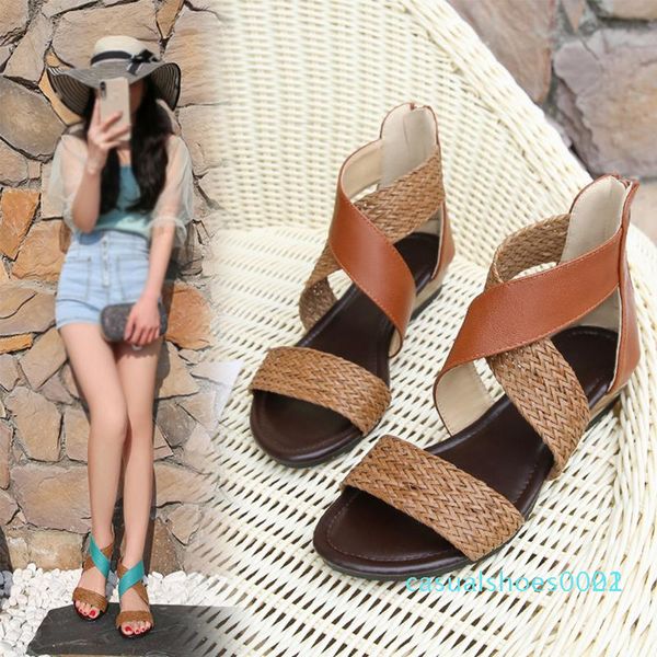 

ankle strap vintage open toe straw braided summer daily fashion wedge casual women sandals beach soft sole street zipper c22, Black
