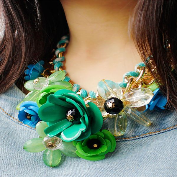 

colorful flower necklace popular creativity vintage pendant charm women jewelry unique design rhinestone choker luxury weave, Silver