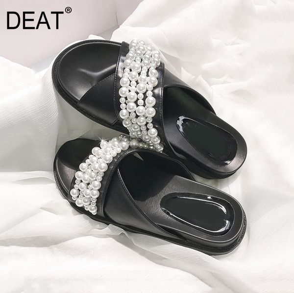 

deat] 2020 new spring summer round toe shallow cross band string pearls thick bottom slippers women shoes fashion tide 10h391, Black