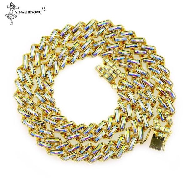 

hip hop 1set 15mm gold color full iced out paved rhinestones geometric square cuban chain cz bling rapper necklaces men jewelry, Silver