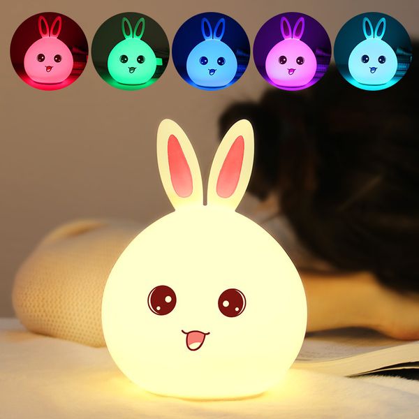 Красочные силиконовые ночные светильники кролика мини USB светодиодный сенсорный сенсорный датчик светло спальня прикроватная ночная лампа для детей Лампара