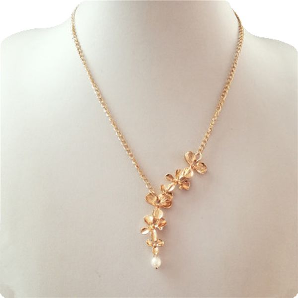 

orchid flower with simulated pearl necklace pendant charm long chain collars necklace for women chic party gift jewelry, Silver