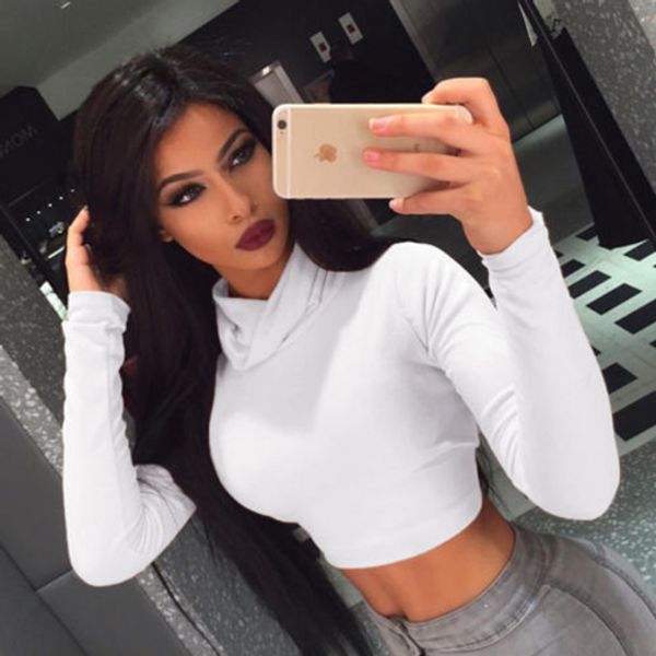 

women t shirt summer square neck autumn casual long sleeve slim bodycon fashion basic shirt crop drop shipping, White
