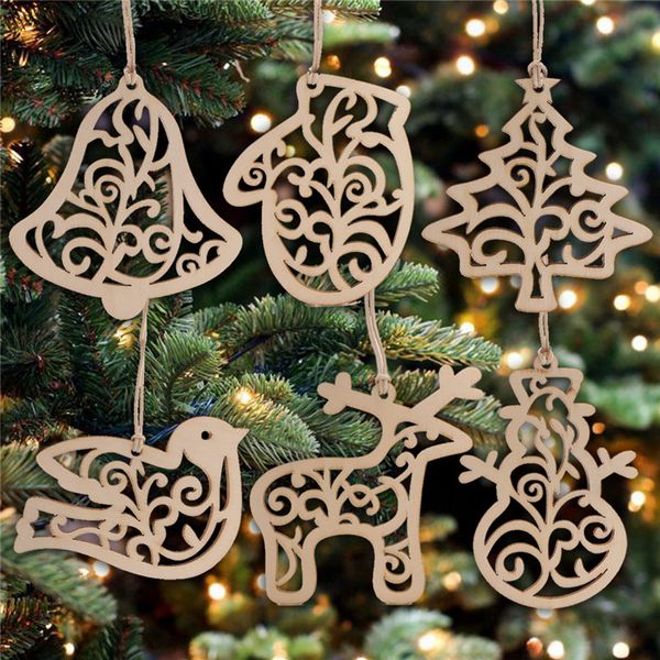

6pcs/pack mix wooden christmas decoration ornament hollow snowflake angel star christmas tree hanging pendant xmas party decor