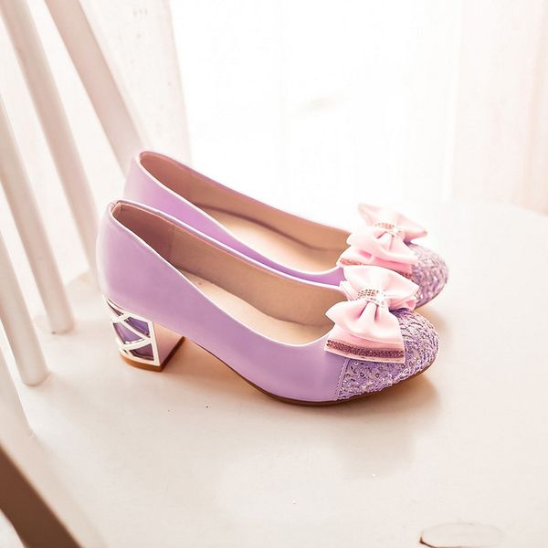 

19ss single high heel new with butterfly-knot lavender thick round toe 3-5cm girl shoes spring, Black