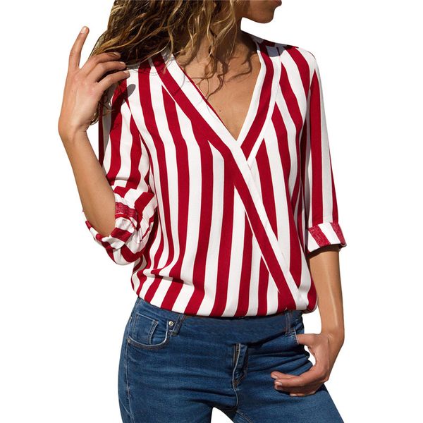

womens summer autumn fashion stripes shirts v-neck long sleeve casual slim ladies blouses size s-3xl 8l1595, White