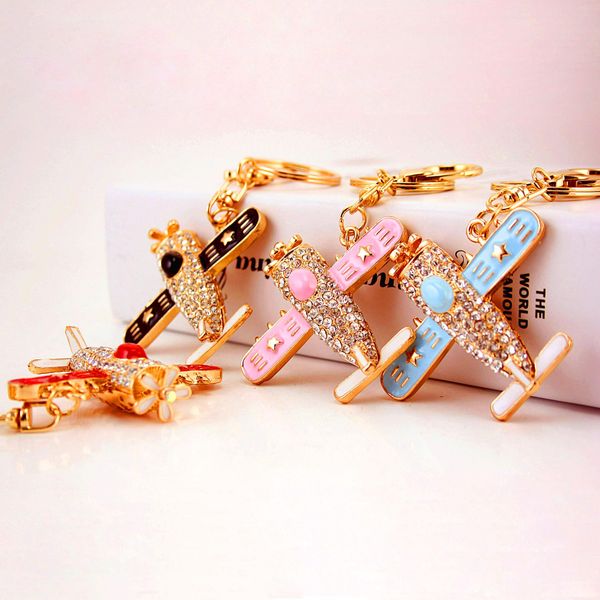 

3pcs/lot cute propeller aircraft rhinestone airplane alloy pendant keychain decor lobster clasp car key chains gold metal key ring keyring, Slivery;golden