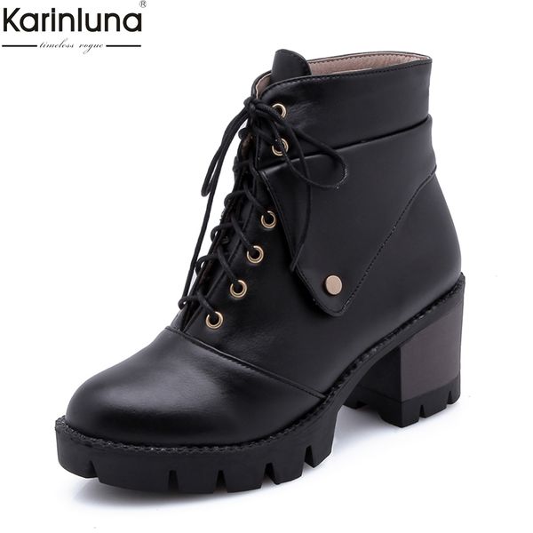 

karinluna new arrivals dropship plus sizes 34-43 square heel western boots women shoes woman platform shoelace ankle boots shoes, Black