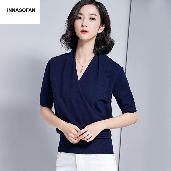 

innasofan sweater women's spring-summer knitwear european-american sweater chic v-collar with short sleeves, White;black