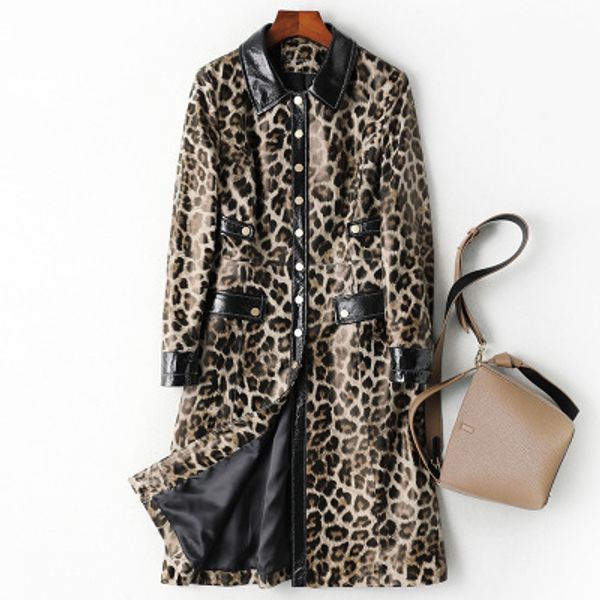 

women's trench coats 2021 fashion genuine real sheep leather h7, Tan;black