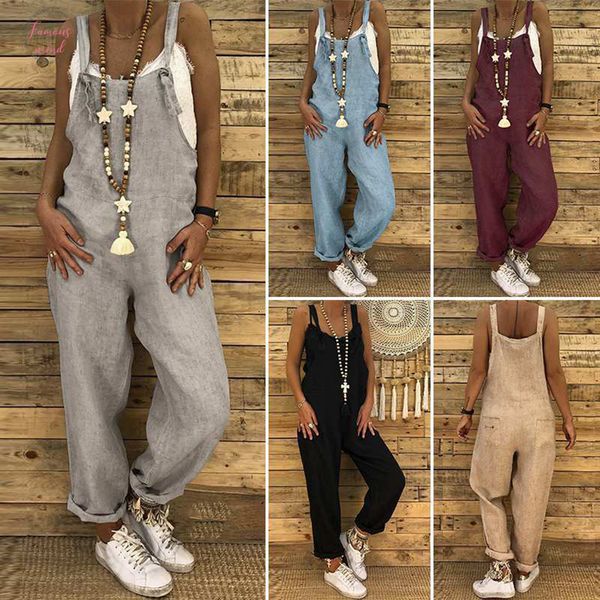

5xl s 2019 women casual solid strappy dungarees vintage cotton linen loose party long harem overalls rompers jumpsuits, Black;white