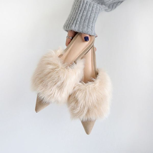

fashion pointed flat fur slippers wearing semi-skid women's shoes fur shoes in autumn and winter, Black