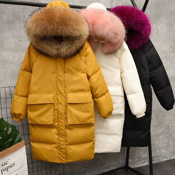 

winter women white duck down jacket warm thick hooded large real fur collar long down parkas outwear loose female coat rh01058, Black
