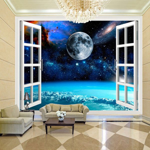 

drop shipping custom mural p wallpaper 3d window space planet earth wall painting bedroom wall papers home decor wallpaper