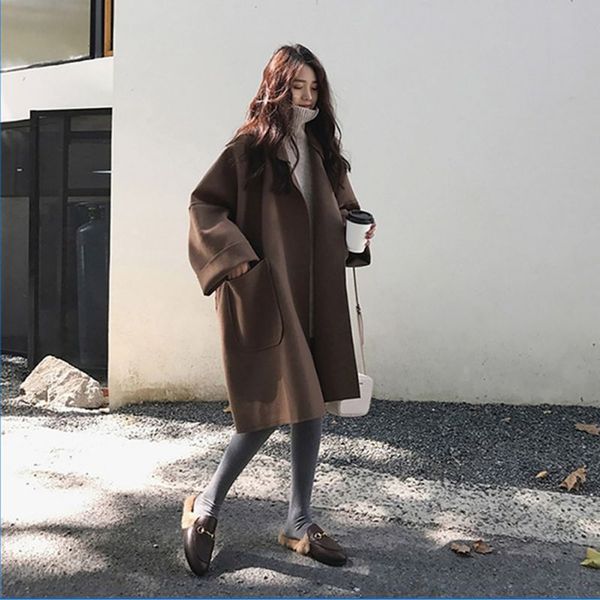 

2019 loose woolen casual long-sleeved trench women autumn winter elegant coat x, Tan;black
