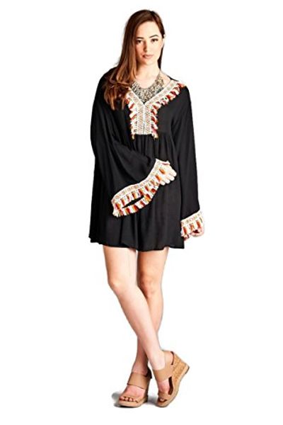 

velzera fringed & embroidered bohemian tunic dress boho chic plus size, Black;gray