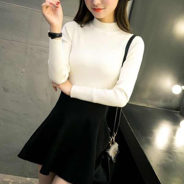 

women autumn winter sweater solid color women korean style turtleneck knit pullover simple slim sweater, White;black