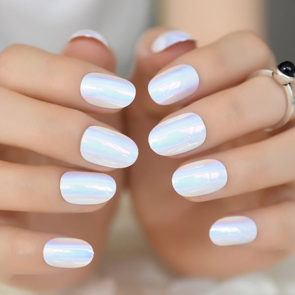 

magic holo chameleon white false nails tips abalone shell reflective metallic mirror round fake nail full cover summer wear, Red;gold