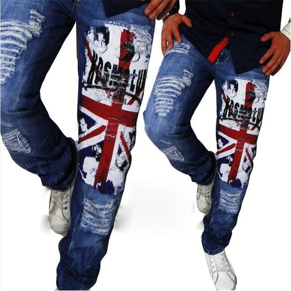 

new arrival men casual american usa flag printed jeans pants mens graffiti print white hip-hop fashion jean slim fit trousers, Blue