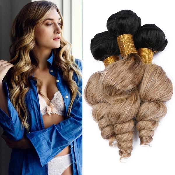Honey Blonde Ombre Loose Wave Virgin Human Hair Weave Wefts Black