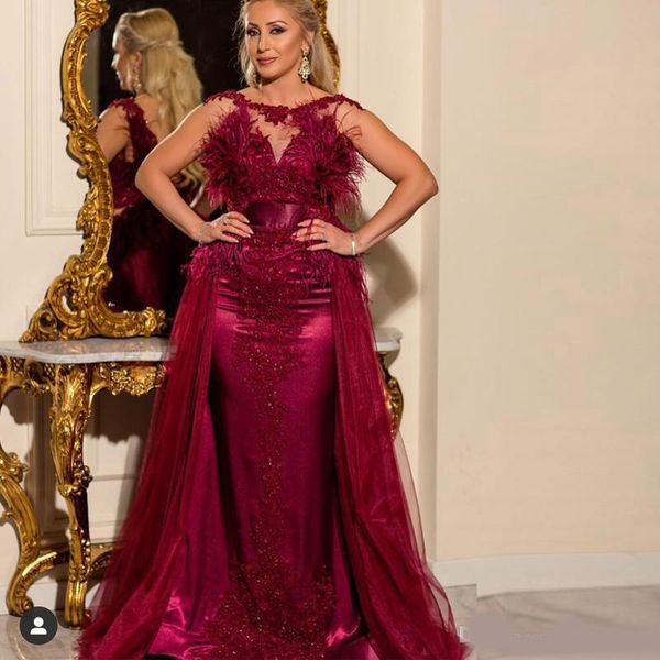 

burgundy mermaid detachable train mother of the bride dresses appliques feather arabic dubai evening gowns tulle skirt prom dress, Black;red