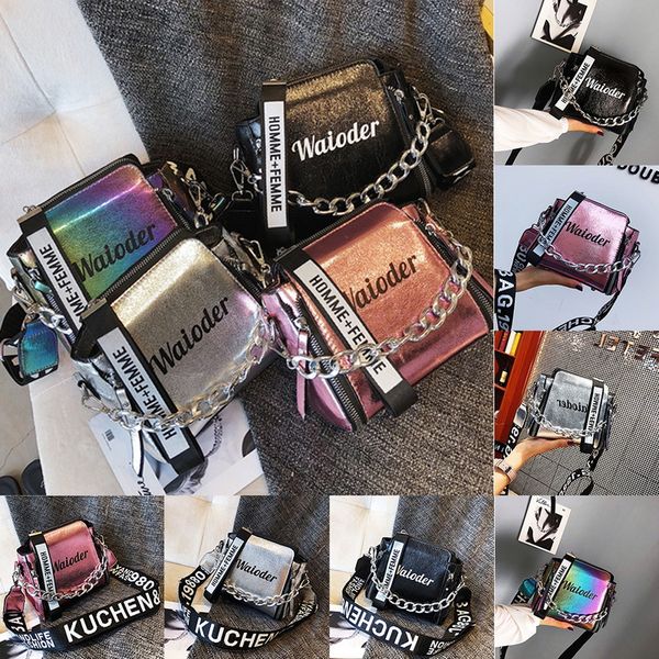 

women chain pu single shoulder bag letter printing messenger beach bag