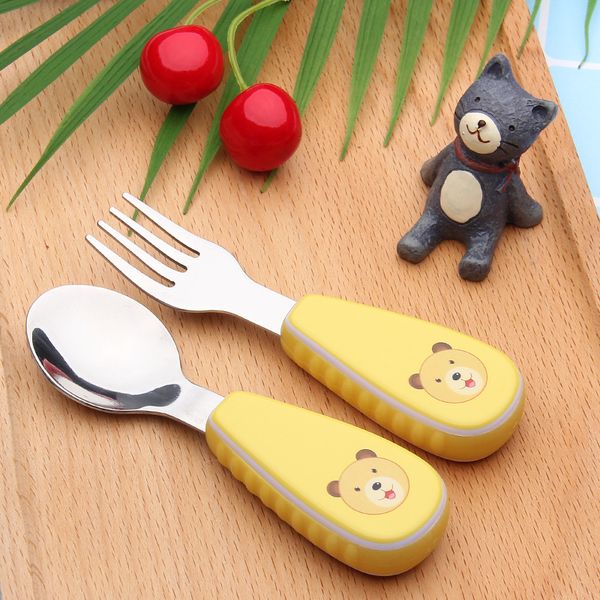 

50set/lot children spoon portable kids stainless steel fork safety baby feeding spoon eating training spork infant tableware