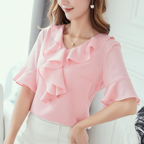 

spring-summer new korean version of the large size fashion womens blouses womens wild thin shirt solid color chiffon blouse, White