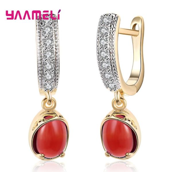 

boho style women ear decoration earrings pure 925 sterling silver zircon red green beads dangler jewelry for lover gifts, Golden;silver