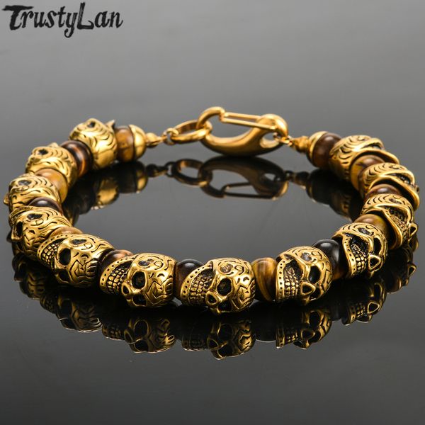 

natural stone skull beads bracelet men gothic gold stainless steel mens skull bracelets biker jewelry for men friends gifts, Black