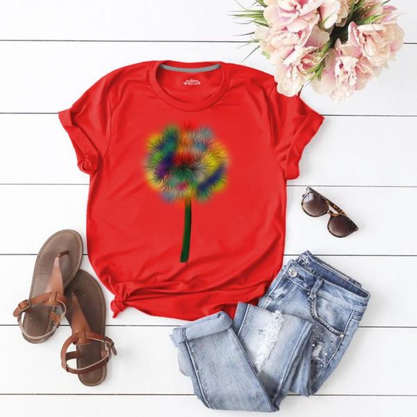 

женская летняя tshirts повседневная коротким рукавом круглый шеи модный высокий streetwear летний женский basic top одуванчик цветочный prin, White